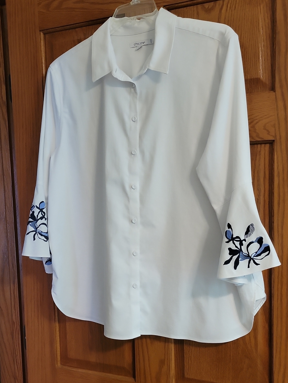 Chico's White Button-Front Blouse with Navy Floral Sleeve Detail